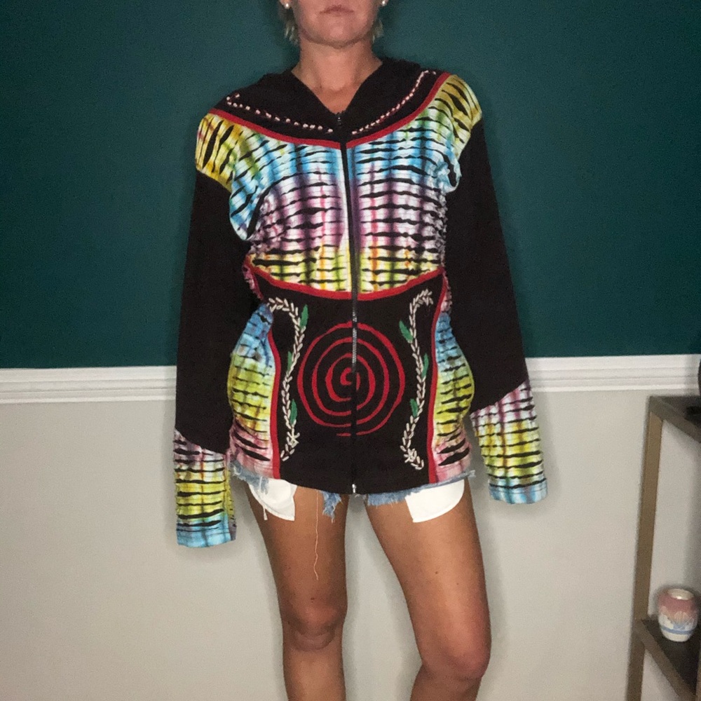 Tie dye patchwork zip up brown hoodie shop therapy
